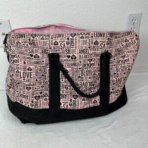Victoria's Secret VS Pink Black Angel Canvas Tote Bag Weekend Travel Gym Duffle